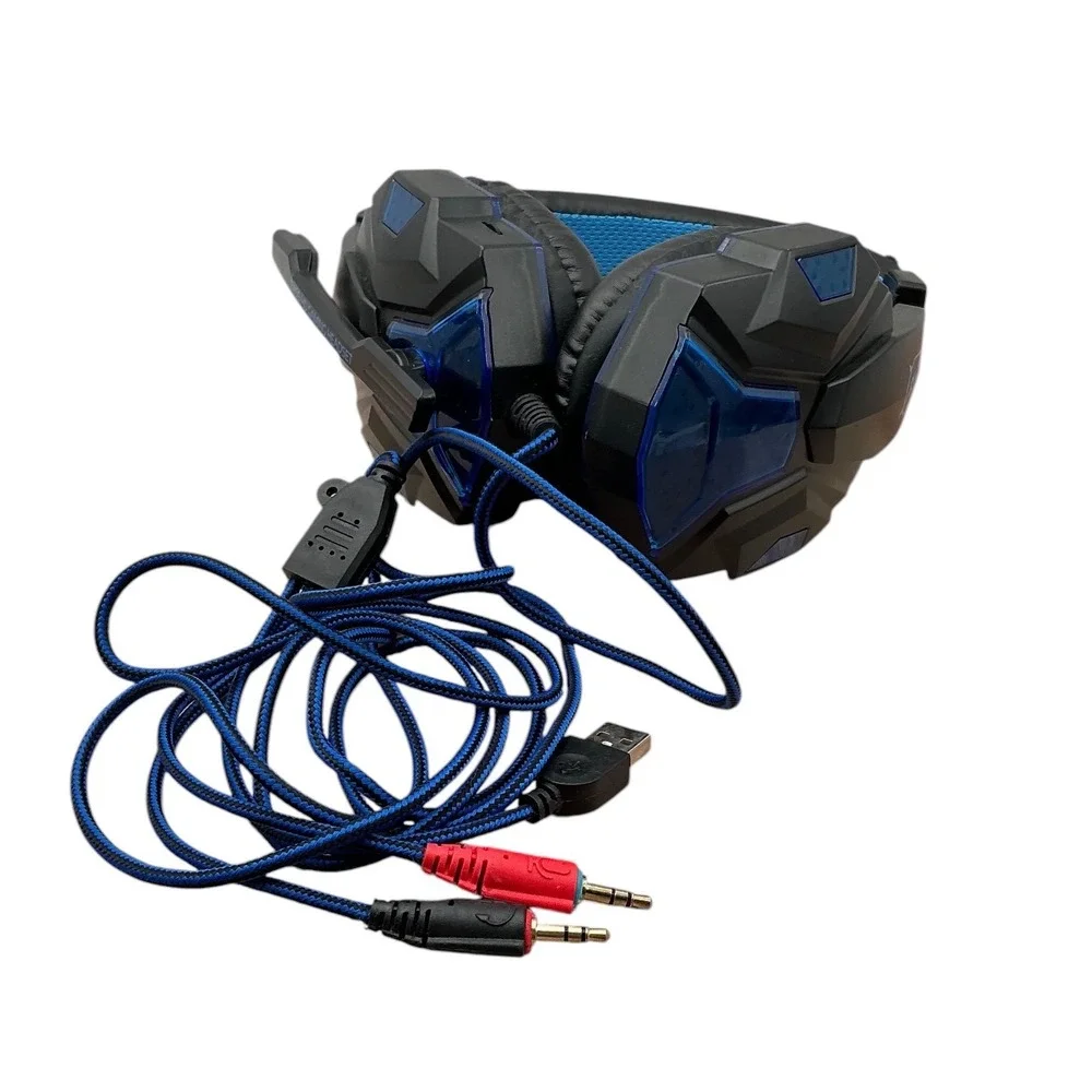 Bass HD Gaming Headset Wired Over Ear Blue LED Light Microphone Black Blue